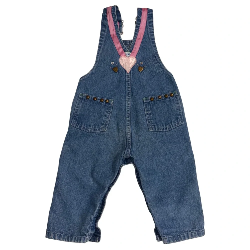 Vintage Osh Kosh Bgosh Custom Denim Bunny Overalls Hearts Rhinestones Blue Pink